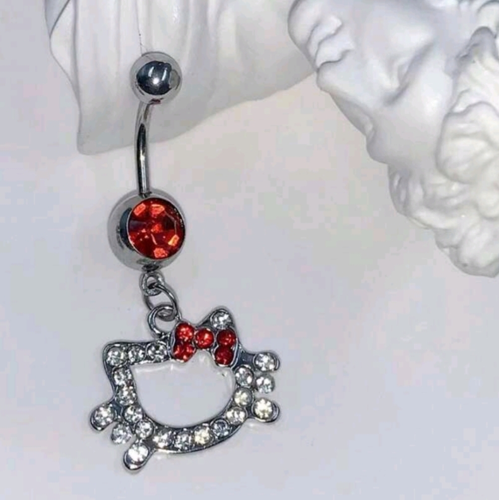 Stainless Steel Silver and Red Hello Kitty Belly Ring